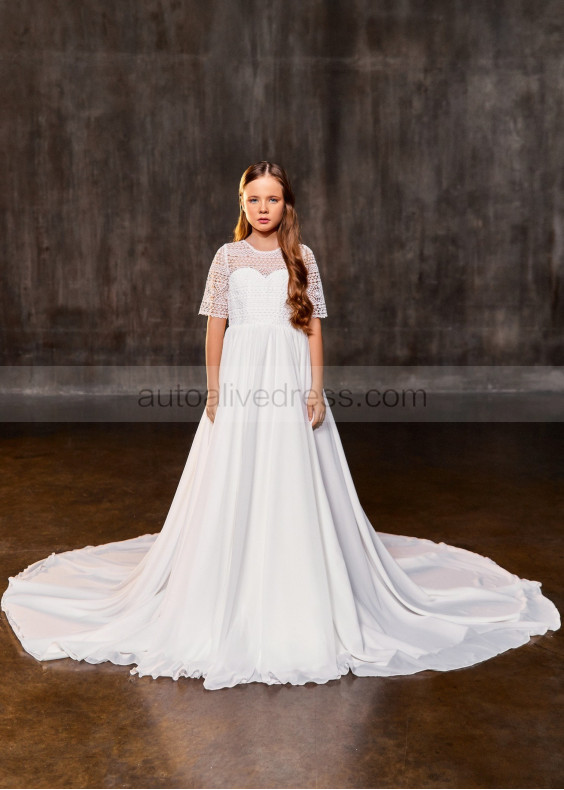 Elbow Sleeves White Lace Chiffon Bohemian Flower Girl Dress